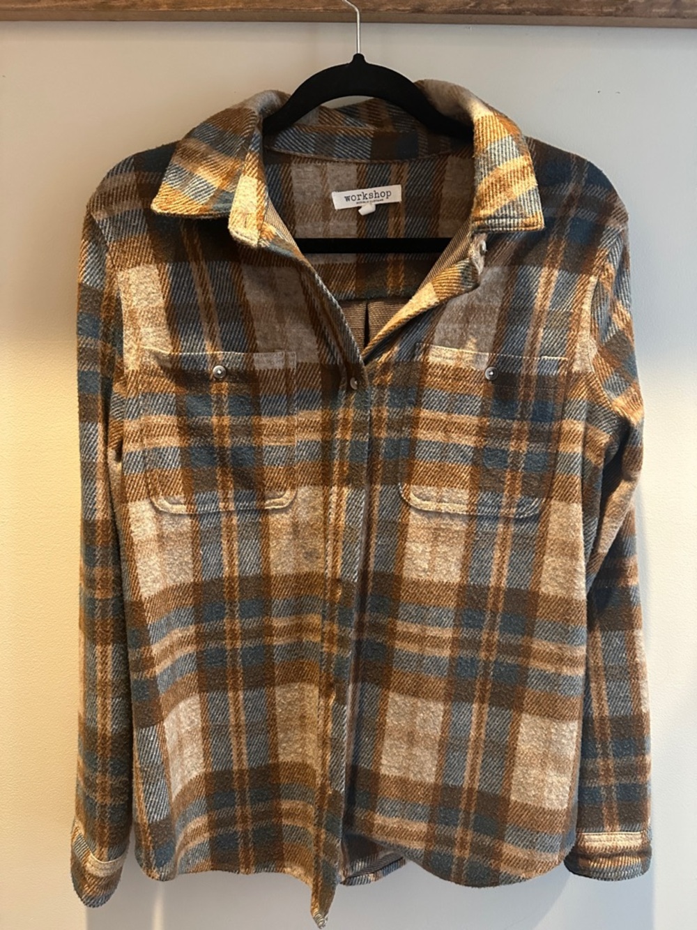 Workshop Republic Clothing Plaid Button-Down Shirt Jacket in Brown, Tan & Blue